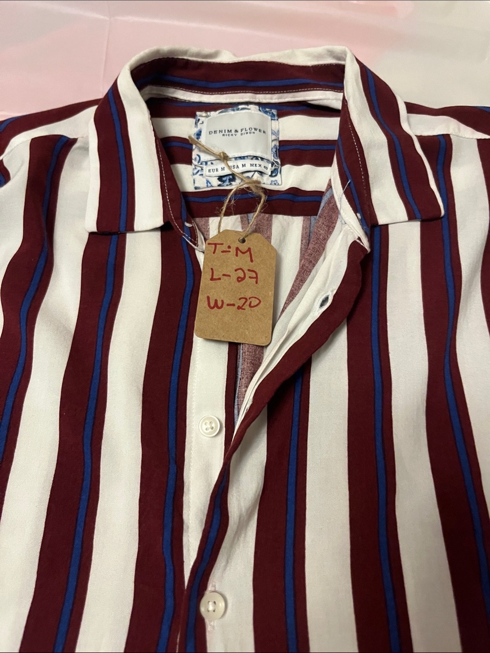 Denim & Flower Men's Burgundy, White & Blue Vertical Stripe Button-Up Shirt